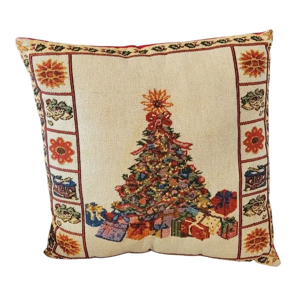 Tapestry Christmas Tree Pillow Cover Festive Holiday Decor‎ Cream Red Accent